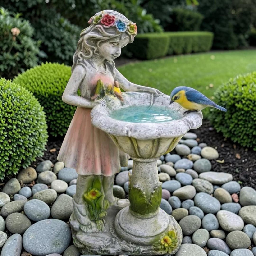 Girl With Bird Bath Statue, Solar LED Light Garden Decor, Resin Patio ...