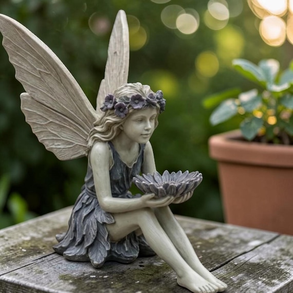 Angel Fairy Garden Statue | Sunflower Bowl Resin Figurine | Flower Crown Petal Skirt | UV Resistant Whimsical Outdoor Indoor Decor