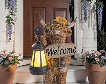 Highland Kuh Solar Gartenstatue | LED Laterne Willkommen Dekor | Rustikales Bauernhaus Porch & Yard | Cottagecore Kuh-Liebhaber-Geschenk