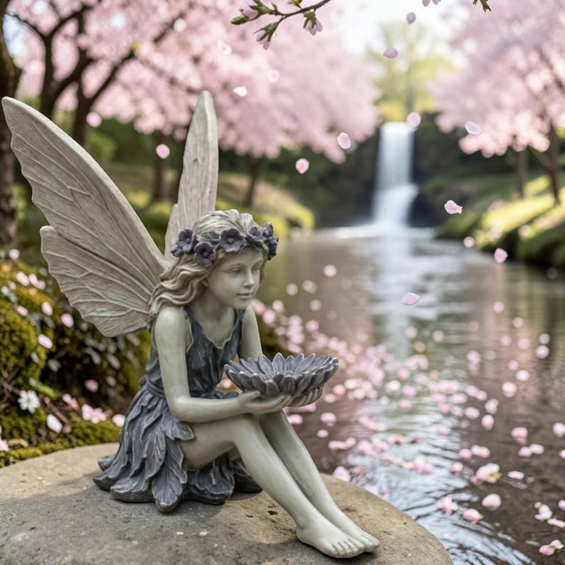 K&ouml;nnte beinhalten: Eine ruhige Feenstatue mit gro&szlig;en, detaillierten Fl&uuml;geln, einem Blumenkranz und einem flie&szlig;enden Kleid, das eine bl&uuml;tenf&ouml;rmige Schale h&auml;lt. Die Statue ist in Grau- und Blaut&ouml;nen gehalten und sitzt auf einem Stein, mit einem verschwommenen Hintergrund aus Bach und Kirschbl&uuml;ten.