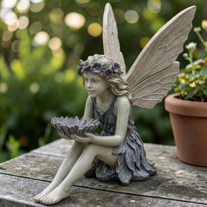 K&ouml;nnte beinhalten: Detaillierte Statue einer sitzenden Fee mit gro&szlig;en, strukturierten Fl&uuml;geln. Die Fee tr&auml;gt ein dunkelblaues Kleid und einen Blumenkranz und h&auml;lt eine graue, bl&uuml;tenf&ouml;rmige Schale. Die Statue besteht aus hellem Material und eignet sich f&uuml;r die Gartendekoration.