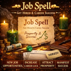 Może przedstawiać: Obraz promujący "Zaklęcie o Pracę" z tekstem "Zdobądź Pracę i Sukces w Karierze". Obraz zawiera zapalone świece, monety, długopis, notatnik i dokument oznaczony jako "Podanie o pracę". Dodatkowy tekst: "Nowe Możliwości Pracy", "Zwiększ Szczęście w Karierze", "Przyciągnij Dobrobyt" i "Manifestuj Sukces".