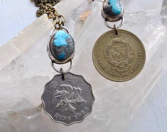 Nacazori Turquoise & Vintage Hong Kong Coin Layering Talisman Necklace