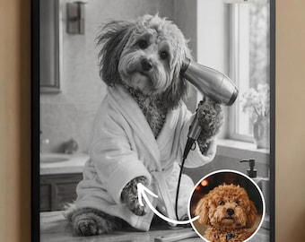 Custom Pet Portrait from Photo, Black and White Funny Bathroom Wall Art, Powder Room Decor
