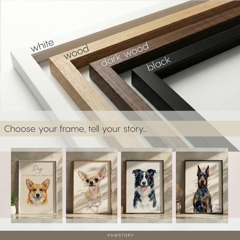 May include: A selection of framed dog portraits with various frame options: white, wood, dark wood, and black. The frames surround watercolor paintings of different dog breeds. Text on the image reads "Choose your frame, tell your story..." and "PAWSTORY."