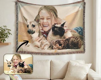 Large Woven Blanket Wall Decor from Photo, Pet Memorial Gift for Home Decor, Family Photo Woven Throw
