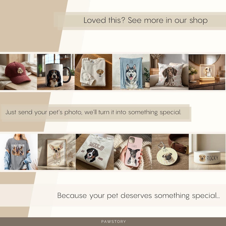 May include: A collection of custom pet products, including a maroon baseball cap, a black and white mug, a white sweatshirt, a blue blanket, a pillow, a framed print, a t-shirt, a phone case, a dog tag, and a dog bowl. Text: "Loved this? See more in our shop."