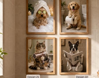 Custom Pet Portrait from Photo, Funny Dog Cat Bathroom Wall Art, Powder Room Framed Wall Art Decor
