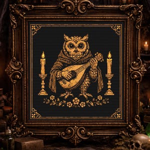 May include: A framed, gold-toned artwork features a detailed owl playing a lute, set against a black background. The owl is adorned in a hooded cloak. Two candles flank the artwork. The frame is ornate, with the text "Mysterious Raven" at the bottom.