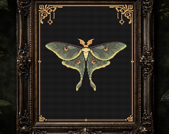 Luna Moth Embroidery Pattern For Art Nouveau Decor, Minimal Gothic Insect Cross Stitch PDF