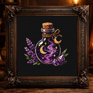 May include: A framed cross-stitch design featuring a purple potion bottle with a crescent moon and stars. Lavender sprigs and a purple crystal accent the bottle. The frame is ornate and dark, with the words "Mysterious Raven" at the bottom.