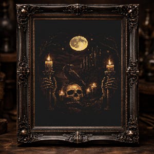 May include: A framed, dark artwork featuring a skull, candles, and a raven under a full moon. The artwork is in a decorative, ornate frame. The overall color palette is dark with gold and yellow accents, creating a gothic or mystical theme.