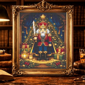 May include: A framed print of a Christmas nutcracker soldier in a red and blue uniform, holding a sword. The artwork is set against a Christmas tree backdrop with gifts and lanterns. The frame is gold.
