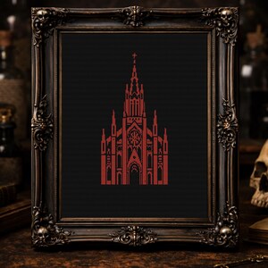 Gothic Cathedral Cross Stitch Pattern, Dark Church Embroidery PDF, Red Architecture Decor Design