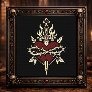 Sacred Heart Cross Stitch Pattern, Thorn Heart Embroidery PDF, Gothic Dagger Art