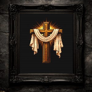 May include: A framed digital art print featuring a golden cross with a radiant light emanating from behind it. The cross is draped with a cream-colored cloth. The artwork is set against a black background and framed in a black ornate frame.