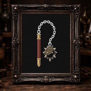 May include: A framed illustration of a medieval mace. The mace features a brown handle with gold accents, a silver chain, and a spiked head. The frame is ornate and dark, set against a black background.