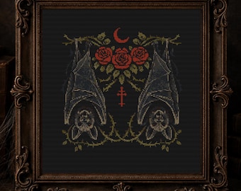 Vampire Bat Cross Stitch Pattern PDF, Red Roses And Moon Design