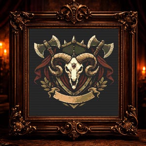 Ram Skull Cross Stitch Pattern — Medieval Crest With Axes PDF