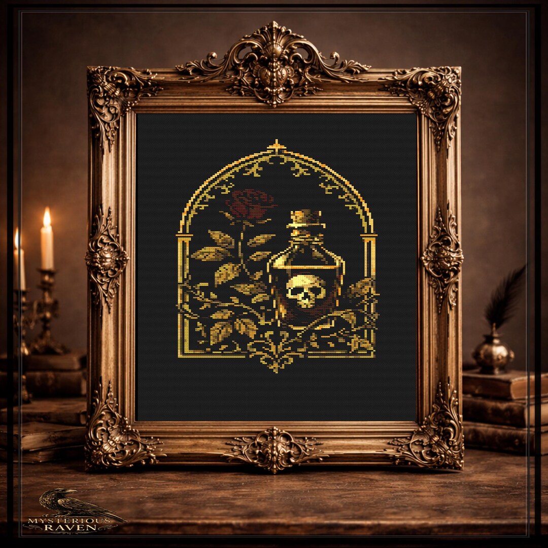 Poison Frame Poison Bottle Skull Cross Stitch Pattern, Gothic Rose Apothecary in ...