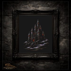 May include: A framed, dark artwork depicts a gothic castle with glowing red windows and turrets, set against a black background. The castle sits atop a misty hill, framed by an ornate black border. The artwork is mounted on a textured, dark gray wall.
