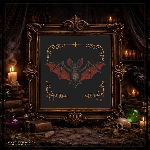 Vampire Bat Cross Stitch Chart, Gothic Halloween Bat Motif In Ornate Star Frame PDF