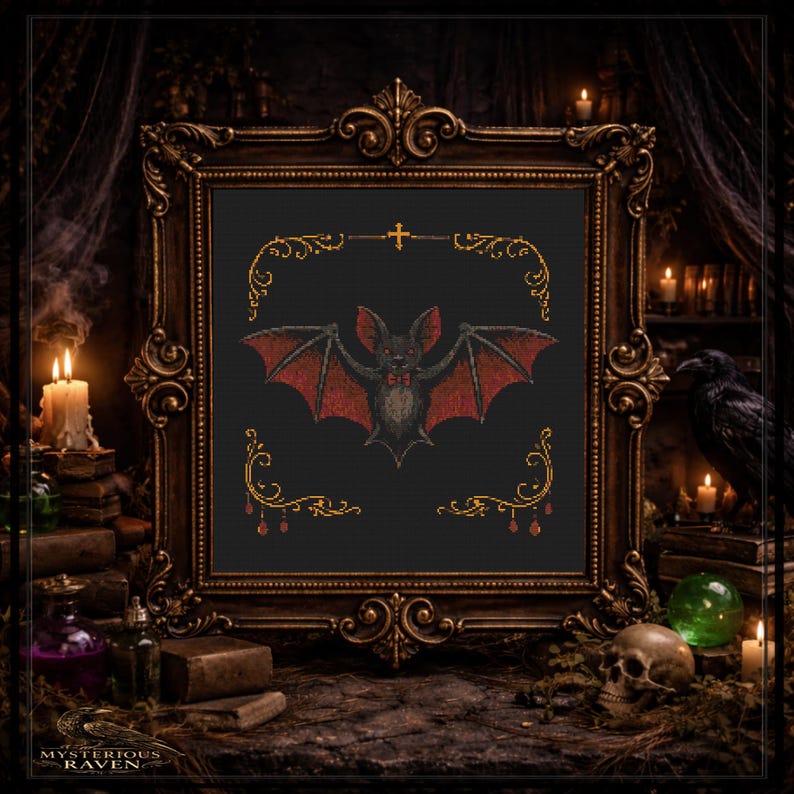 A vampire bat takes center stage in this gothic Halloween cross stitch design, framed by stars, scrollwork, and dramatic red accents. The wide wings, tiny bow tie, and dark decorative border give it a playful spooky look that stands out beautifully for October decor, themed gallery walls, or as a cute gift for someone who loves bat art with character.