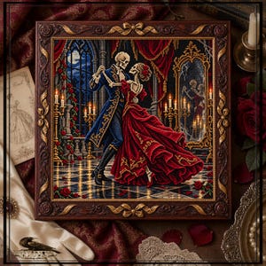 May include: A framed diamond painting depicting two skeletons dancing in a ballroom. One skeleton wears a blue tailcoat, the other a red gown. The scene includes a large mirror, candelabras, and red roses, all set within an ornate dark brown frame.