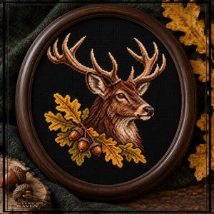 May include: A circular wooden frame containing a cross-stitch embroidery of a brown deer head in profile, accented with yellow and green oak leaves and three brown acorns against a solid black background. The text Mysterious Raven is visible.