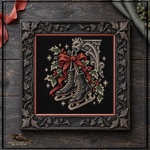 May include: A framed cross-stitch embroidery on black fabric featuring a pair of black ice skates hanging from a stone-colored gargoyle corbel. The skates are adorned with a large red ribbon, green holly leaves, and red berries, surrounded by small gold stars.
