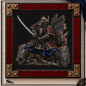 May include: A square framed cross-stitch pattern featuring a pixelated samurai warrior in black and red armor holding a katana. The warrior stands before a broken wooden gate and stone ruins. The frame is dark red with metallic corner accents.