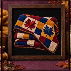 May include: A framed cross-stitch embroidery featuring a folded blanket with a checkered pattern in red, blue, gold, and cream. The design includes two prominent maple leaf motifs, one in deep red and one in dark blue, set against a black background.
