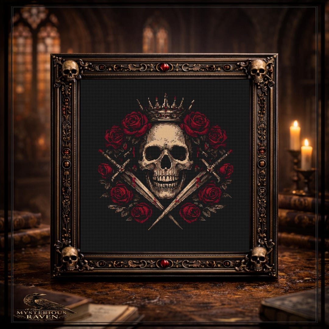 Gothic Skull and Roses Cross Stitch Pattern — Crowned Sword Crest ...