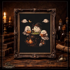 Ghost Witch Cauldron Cross Stitch Pattern: Black Cat Potion Scene (PDF Download)
