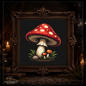 May include: A framed pixel art print featuring a red mushroom with white spots, a white stem, and two smaller orange mushrooms. The artwork is set against a black background and framed in a decorative, ornate brown frame. The text "MYSTERIOUS RAVEN" is at the bottom.