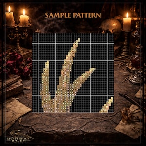 May include: A cross-stitch pattern featuring a skeletal hand design on a black grid. The words "SAMPLE PATTERN" are at the top. The image has a dark, gothic theme with candles and a skull in the background. The logo for Mysterious Raven is at the bottom.