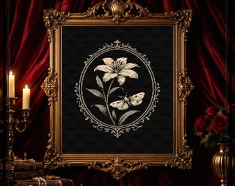 Moth Lily Cross Stitch Pattern: Vintage Oval Botanical PDF (Night Garden)