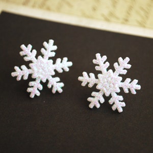 Snowflake Earrings -- Snowflake Studs, White, Glittery, Silver, Let it snow, Pick your favorite color!
