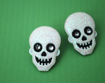 Skull Earrings -- Skull Head Earrings, Skull Studs, Glittery Skulls, Big Earrings, Halloween Studs
