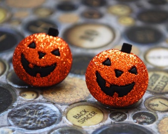 Pumpkin Earrings -- Pumpkin Studs, Halloween Earrings, Glittery Pumpkins