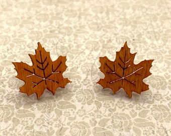 Leaf Studs -- Orange Leaf Earrings, Orange Leaf Studs, Wooden Leaves