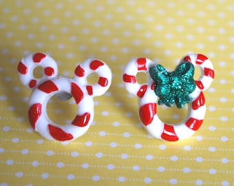 Mickey Mouse Earrings , Christmas Earrings, Mickey Minnie Candy Cane Earrings -- Mickey Mouse, Minnie Mouse, Mouse Ears