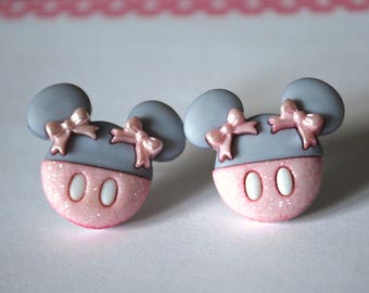 Minnie Mouse Earrings -- Minnie Mouse Studs, Pink and Grey
