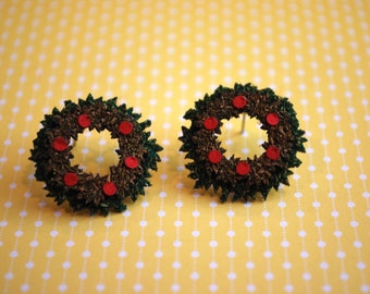 Christmas Wreath Earrings -- Wreath Studs, Christmas Earrings