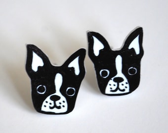 Dog Earrings -- Bulldog Studs, French Bulldog Earrings, Black and White, Unique Earrings, Dog Studs