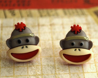 Sock Monkey Earrings -- Sock Monkey Studs, Monkey Earrings