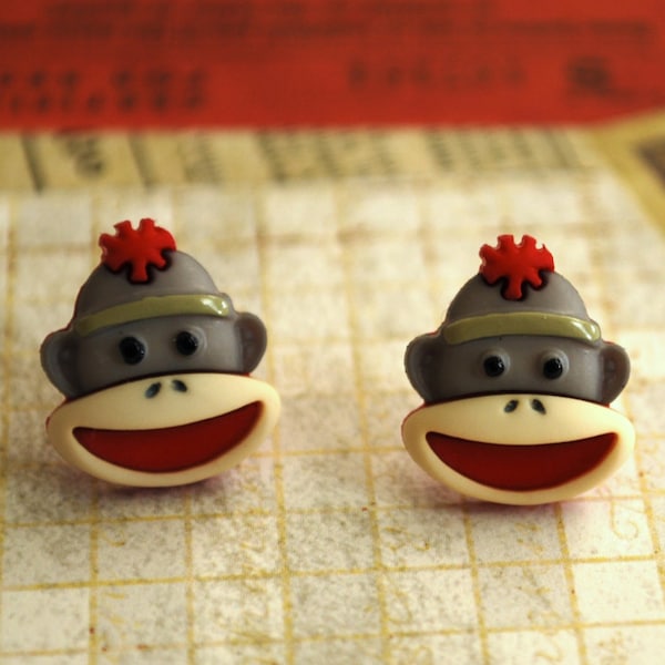 Sock Monkey Earrings -- Sock Monkey Studs, Monkey Earrings