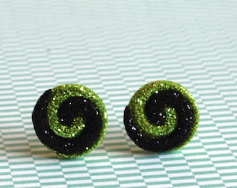 Swirly Earrings -- Black and Green Swirl Studs, Swirl Earrings, Swirl Studs