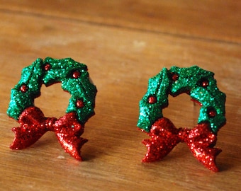 Christmas Wreath Earrings -- Wreath Studs, Christmas Earrings