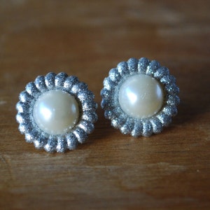 Pearl Studs -- Silver Pearl Earrings, Pearl Earrings, Glittery Pearl Earrings Studs